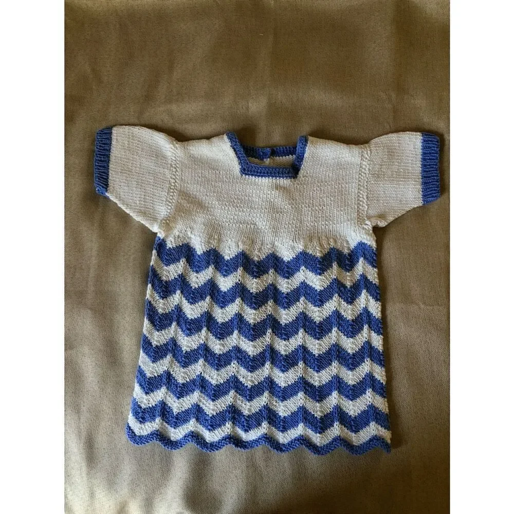 Vintage 1960s Hand Knit Baby Dress Blue White Chevron 9-12M